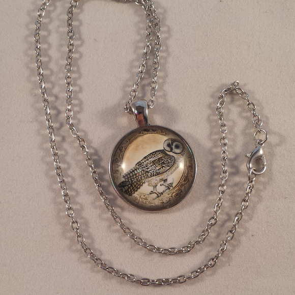 Mens Silver Owl Cabochon Pendant Chain Necklace Party Gift - Picture 2 of 2